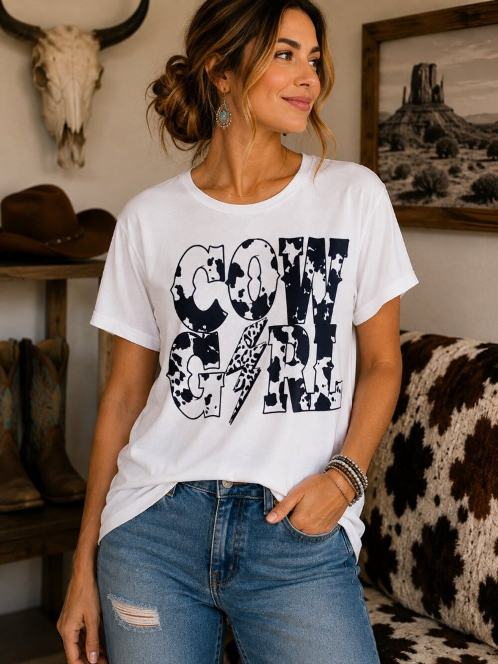 Cowgirl Cow Print Western Graphic T Shirt Trendy Boutique Style Tee Womens White